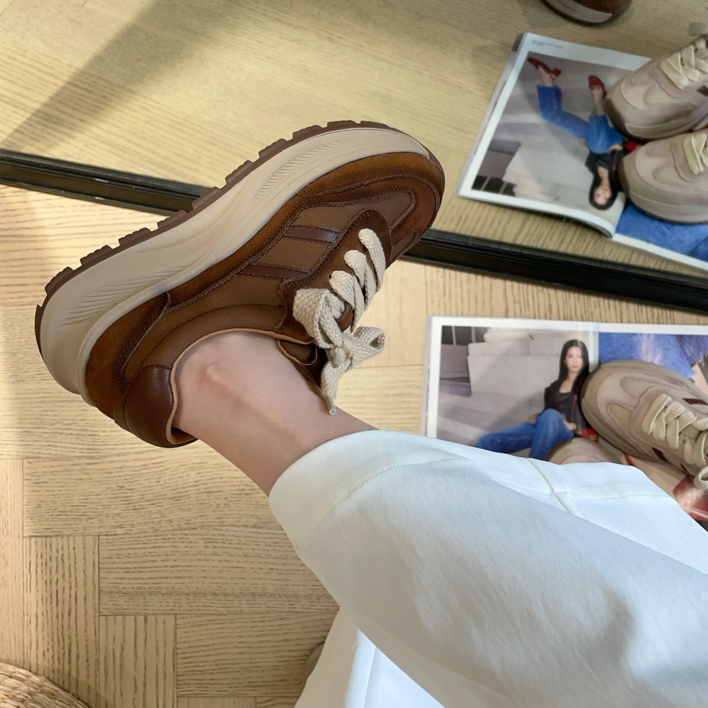 Women's Fashionable First Layer Cowhide Two Bars Thick Bottom Heightened Daddy Casual Shoes