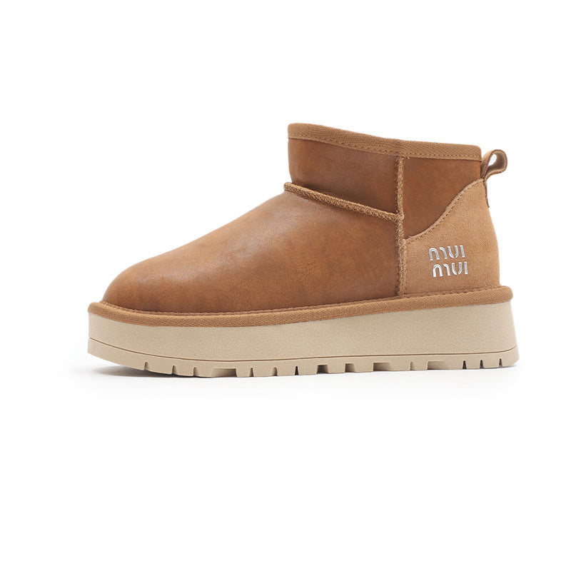 Women's Winter Cowhide Wool Bootie Thick Bottom Snow Boots