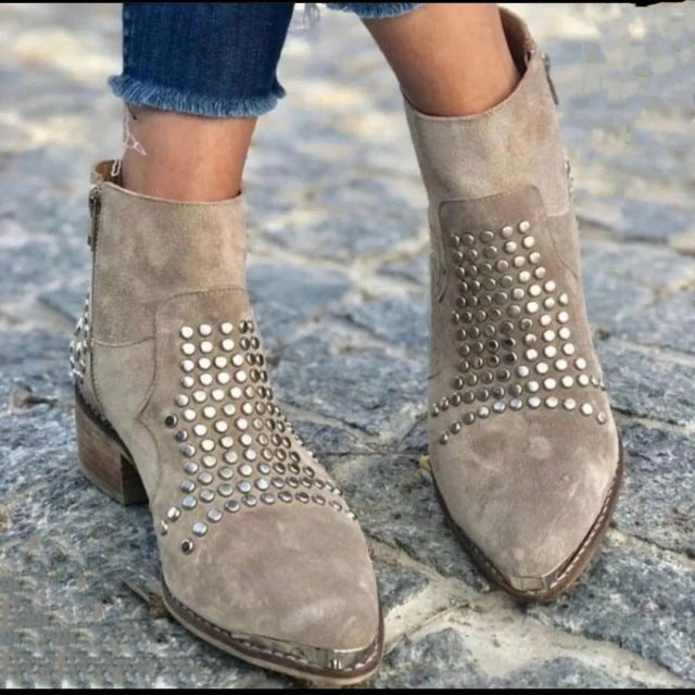 Women's Retro Side Zipper Thick Sequined Rhinestone Heels