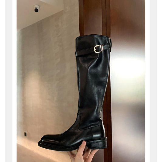 Women's Washed Horse Round Head Belt Buckle Women's Leather Boots
