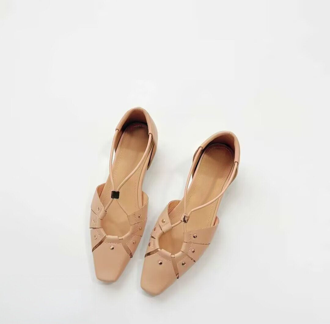 Women's French Square Toe Invisible Elevated Closed Rivet Flat Sandals