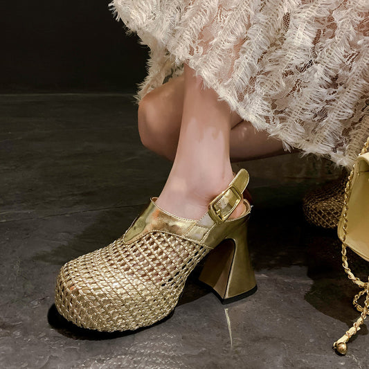 Women's Super Chunky Platform Toe Cap Breathable Woven High Heeled Sandals