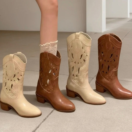 Women's Miss Warren Summer Hollow Out Western Cowboy Vintage Women's Leather Boots
