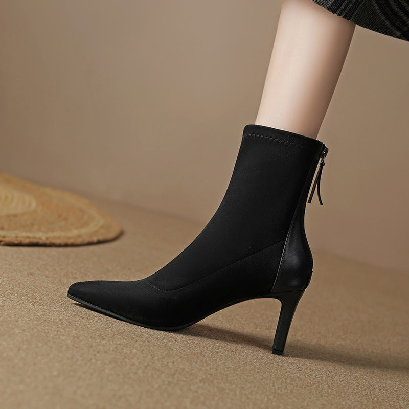 Women's French Style High Chunky Pointed Toe Back Zipper Suede Stretch Women's Leather Boots