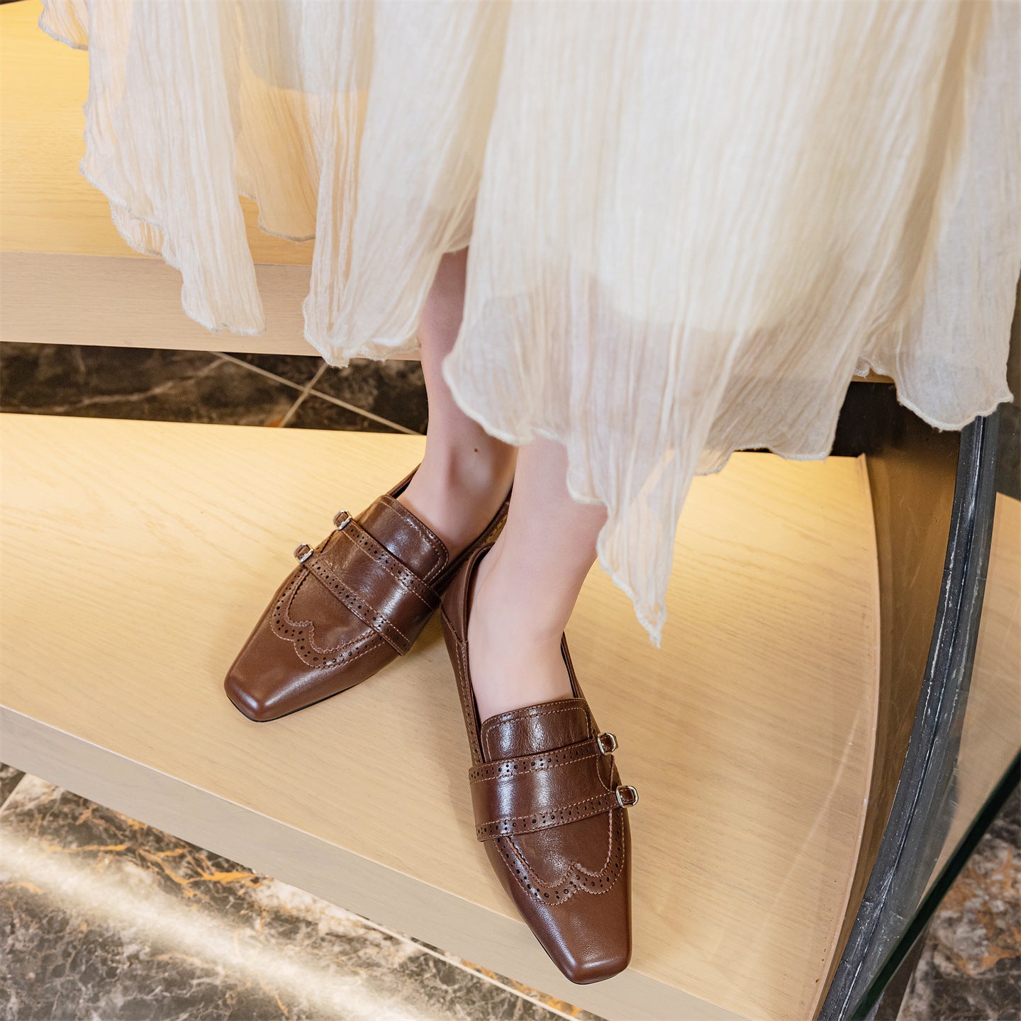 Retro Square Head Double Buckle Authentic Leather Shoes