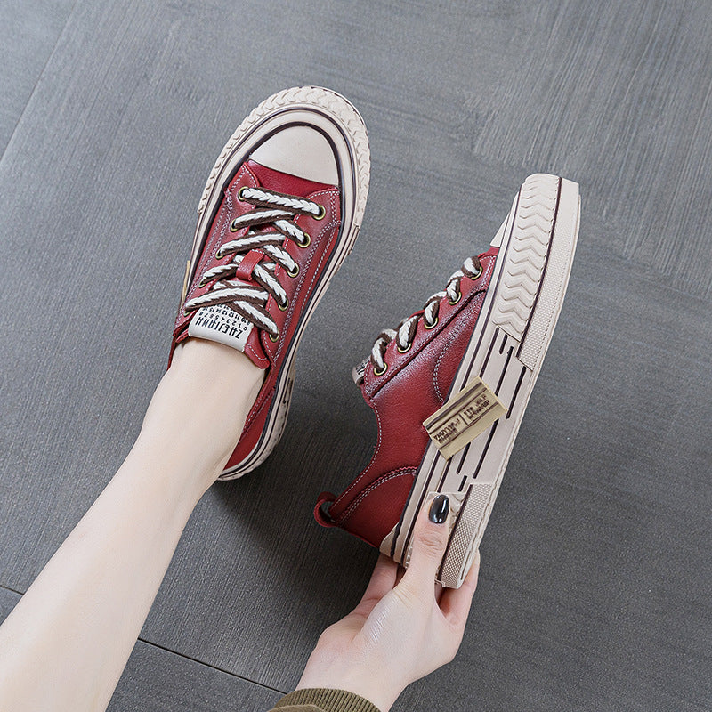 Women's Cowhide Retro Red Spring Versatile Sports Women's Board Shoes