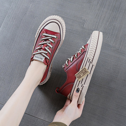 Women's Cowhide Retro Red Spring Versatile Sports Women's Board Shoes