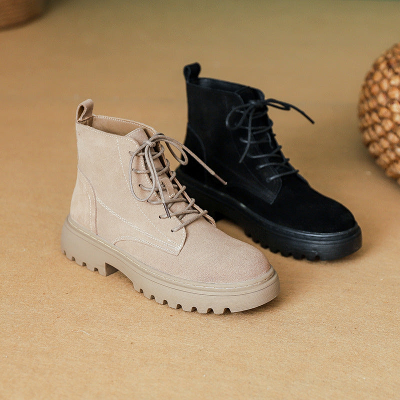 Women's Frosted Genuine British Style Mid Martin Flat Women's Leather Boots