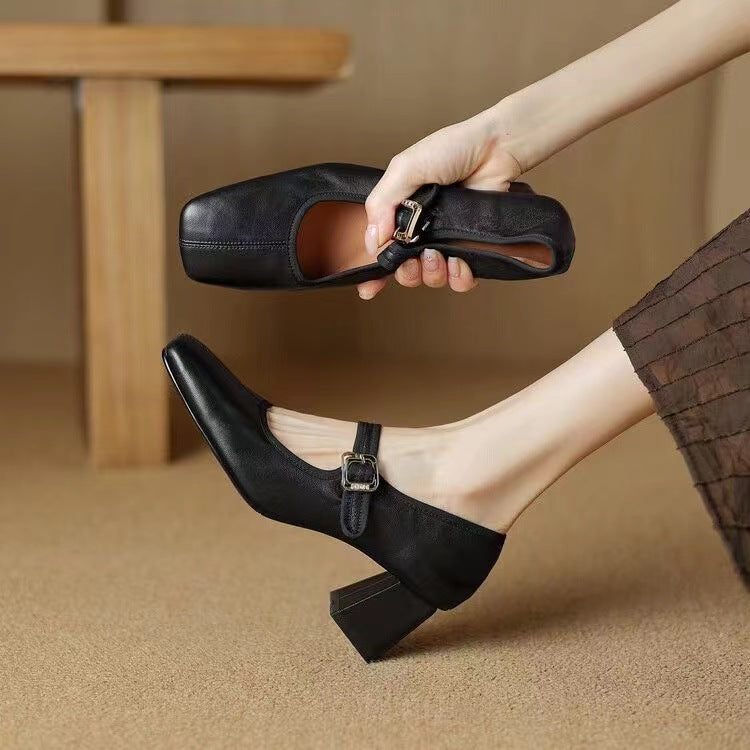 Jane Buckle Black Red Retro French Women's Fashion Shoes