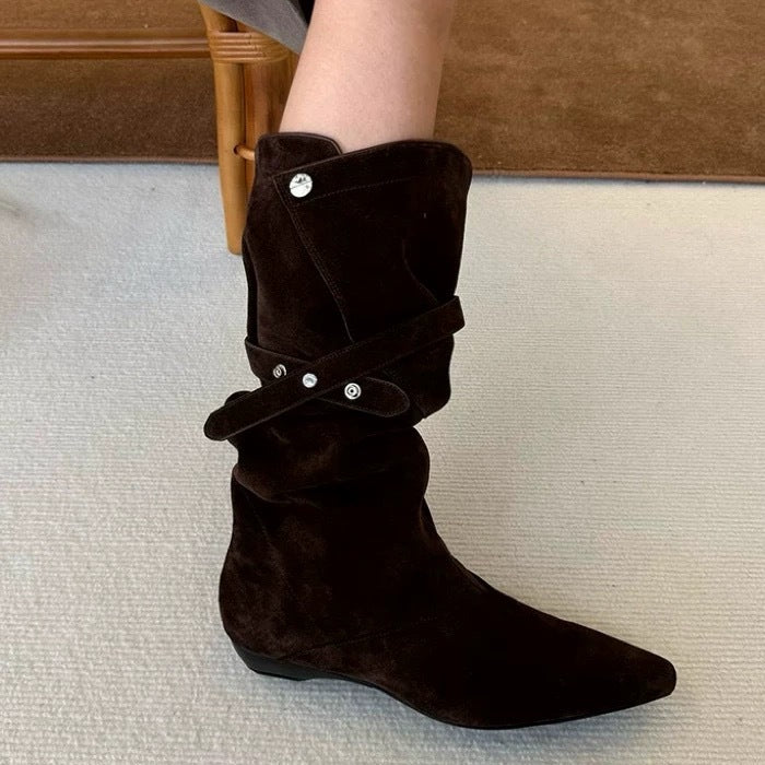 V-shaped Buckle Western Cowboy Thigh High Long Female Flanging Two-way Boots