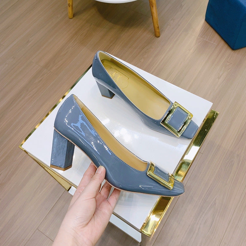 Women's Buckle Patent High Toe Low-cut Metal Temperament Heels