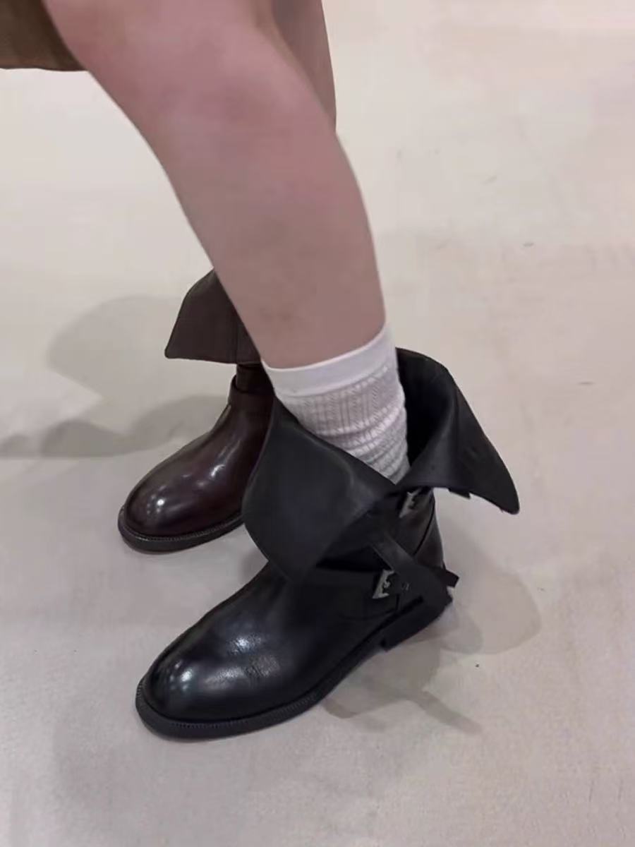 Women's Retro Belt Buckle Two-way Wear Knight Slimming Chunky Middle Round Women's Leather Boots