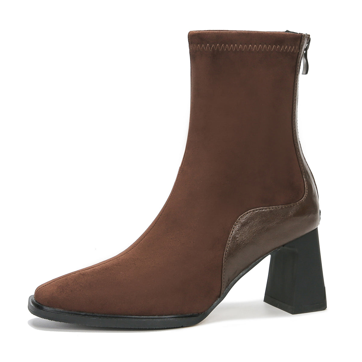 Women's French Style Suede Short Back Zipper Chunky Martin Square Toe Women's Leather Boots