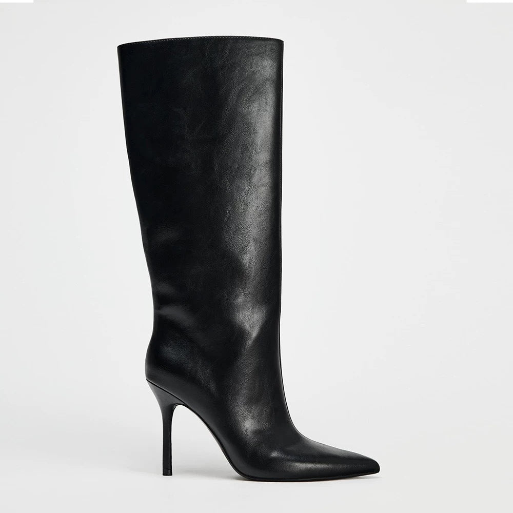 White Stiletto Sexy Pointed Toe Below The Knee Big Women's Leather Boots