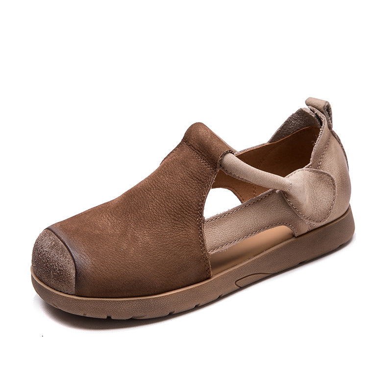 Women's Layer Cowhide Velcro Pig Nose Hollow Flat Sandals