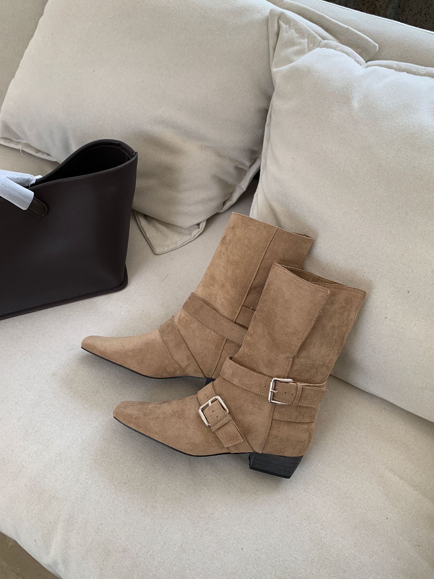 Women's Chunky Vintage Suede Thin Booties Knight French Belt Men's Shoes