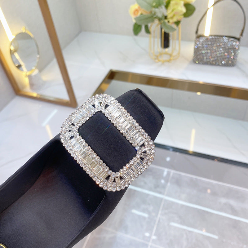 Women's Chunky Square Toe Rhinestone Versatile Single-layer Low-cut Women's Fashion Shoes