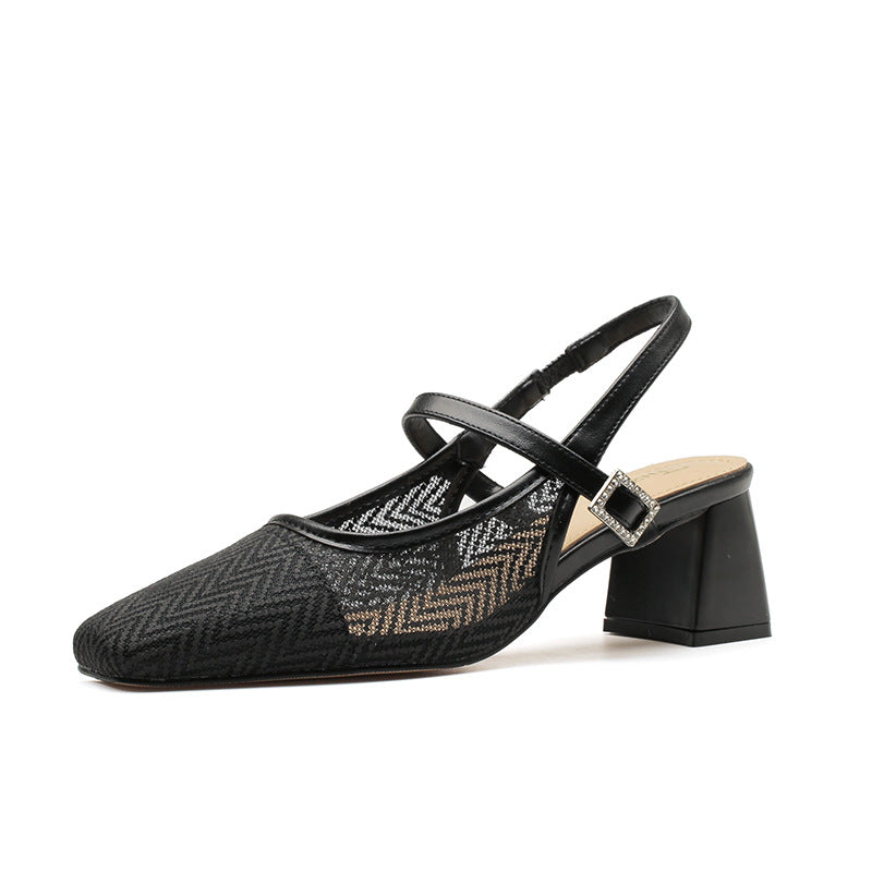 Women's Summer Mesh Breathable Chunky Square Toe Heels