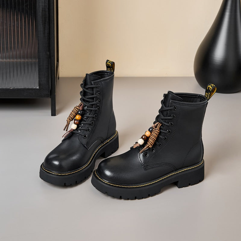 Women's Invisible Height Increasing Insole Martin British Style Retro Pendant Black Women's Leather Boots