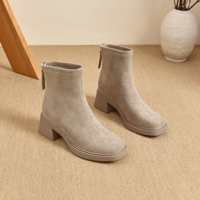 Women's Back Zipper Square Toe Thick Thin Vintage Fashion Suede High Women's Leather Boots