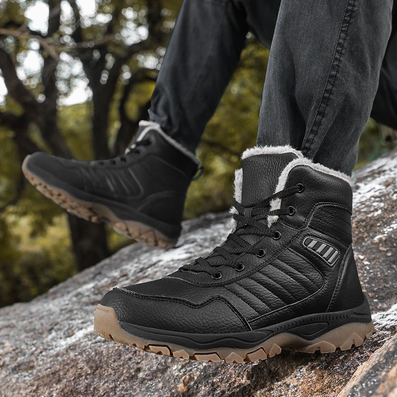 Men's Sole Fleece-lined Thick Hiking Black Cotton Snow Boots
