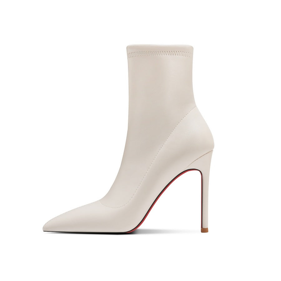Women's Red Bottom White Ankle Stiletto Fleece-lined Mid Women's Leather Boots