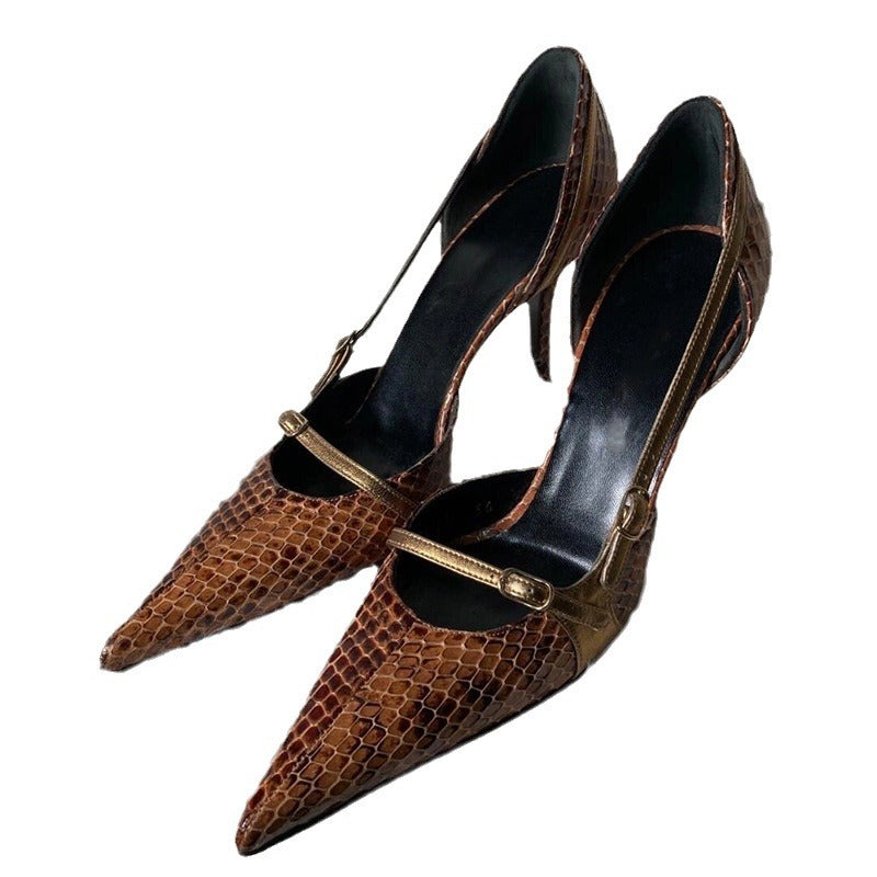 Women's Design Pointed Stiletto Snakeskin Pattern High Retro Hot Belt Buckle Women's Fashion Shoes