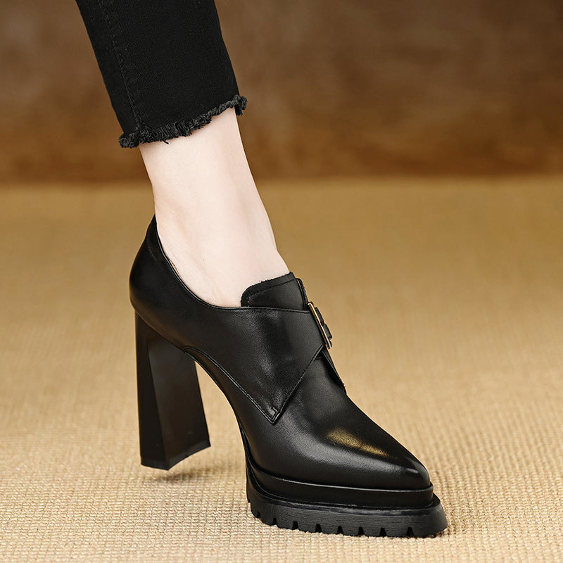 Mouth Pumps Female Autumn Temperament Pointed Thick Leather Shoes