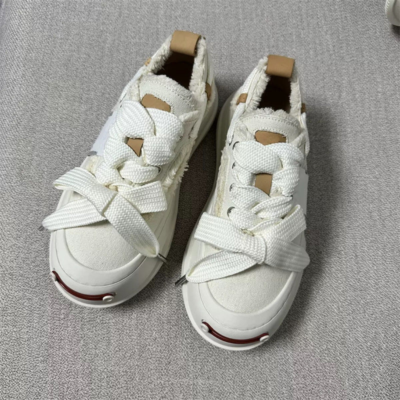 Women's Tan Autumn Platform Lace Bow Couple Women's Canvas Shoes