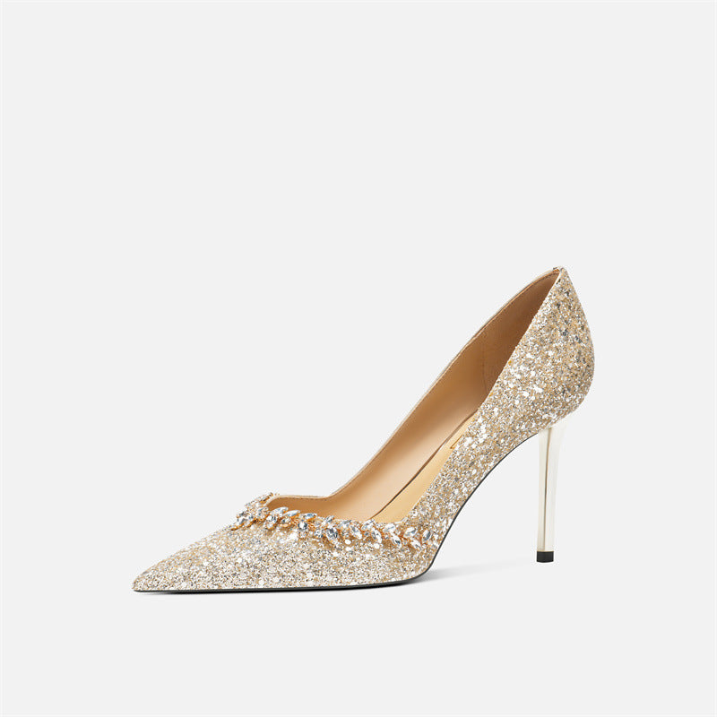 Yarn Bridal Banquet Temperament Sequined High Sheepskin Pointed Toe Design Heels