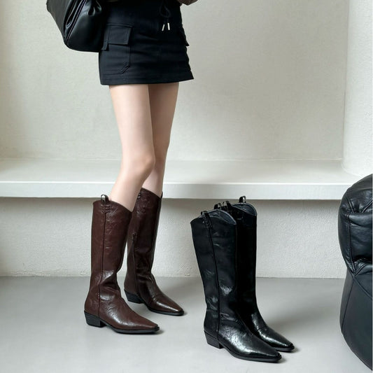 Solid Color V Cut Knight Female Retro Easy Matching Women's Leather Boots