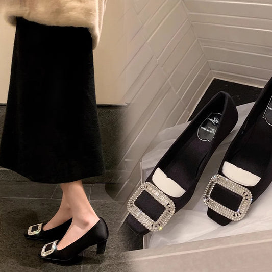 Women's High Black Satin Square Toe Chunky Rhinestone Women's Fashion Shoes