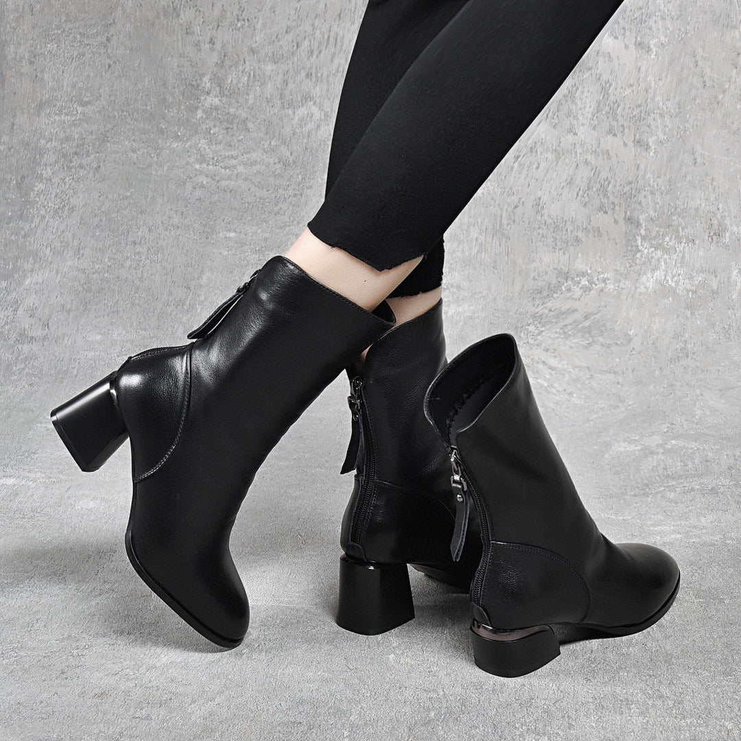 Women's Round Toe With Chunky Back Zipper Boots