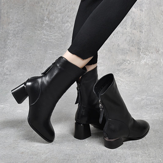 Women's Round Toe With Chunky Back Zipper Boots