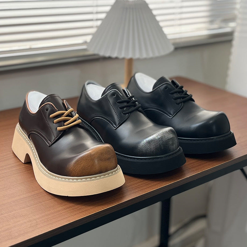 Big Head Derby High Sense Warped Platform Height Men's Casual Leather Shoes