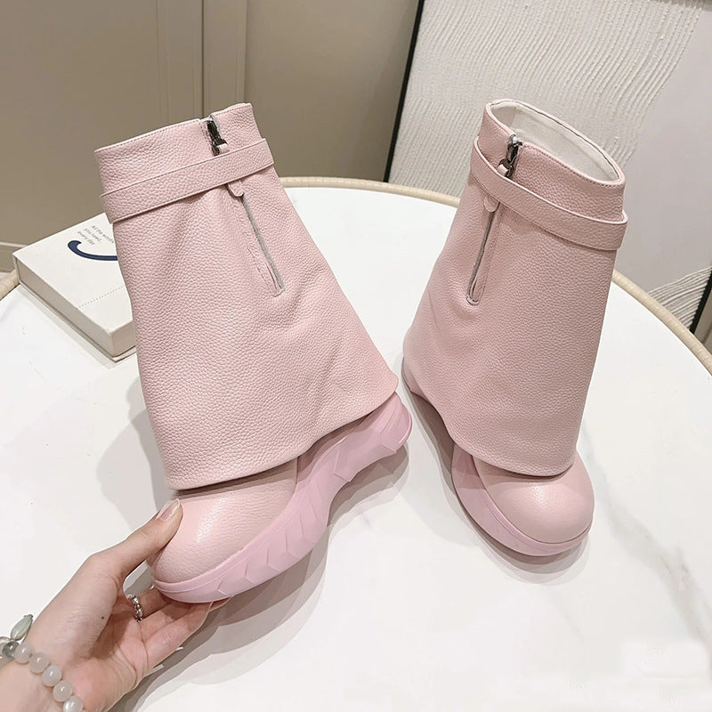 Women's Metal Lock Catch Thick Bottom Bootie Height Increasing Pants Boots