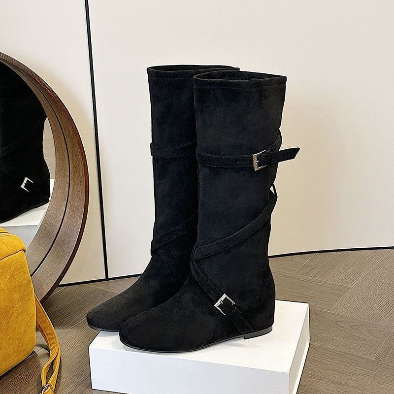Increasing Korean Round Head Buckle Soft Pleated High Female Women's Leather Boots