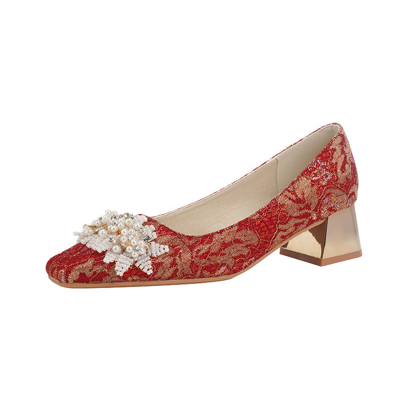 Women's Red Wedding Chunky Chinese Style Toast Dress Women's Casual Shoes