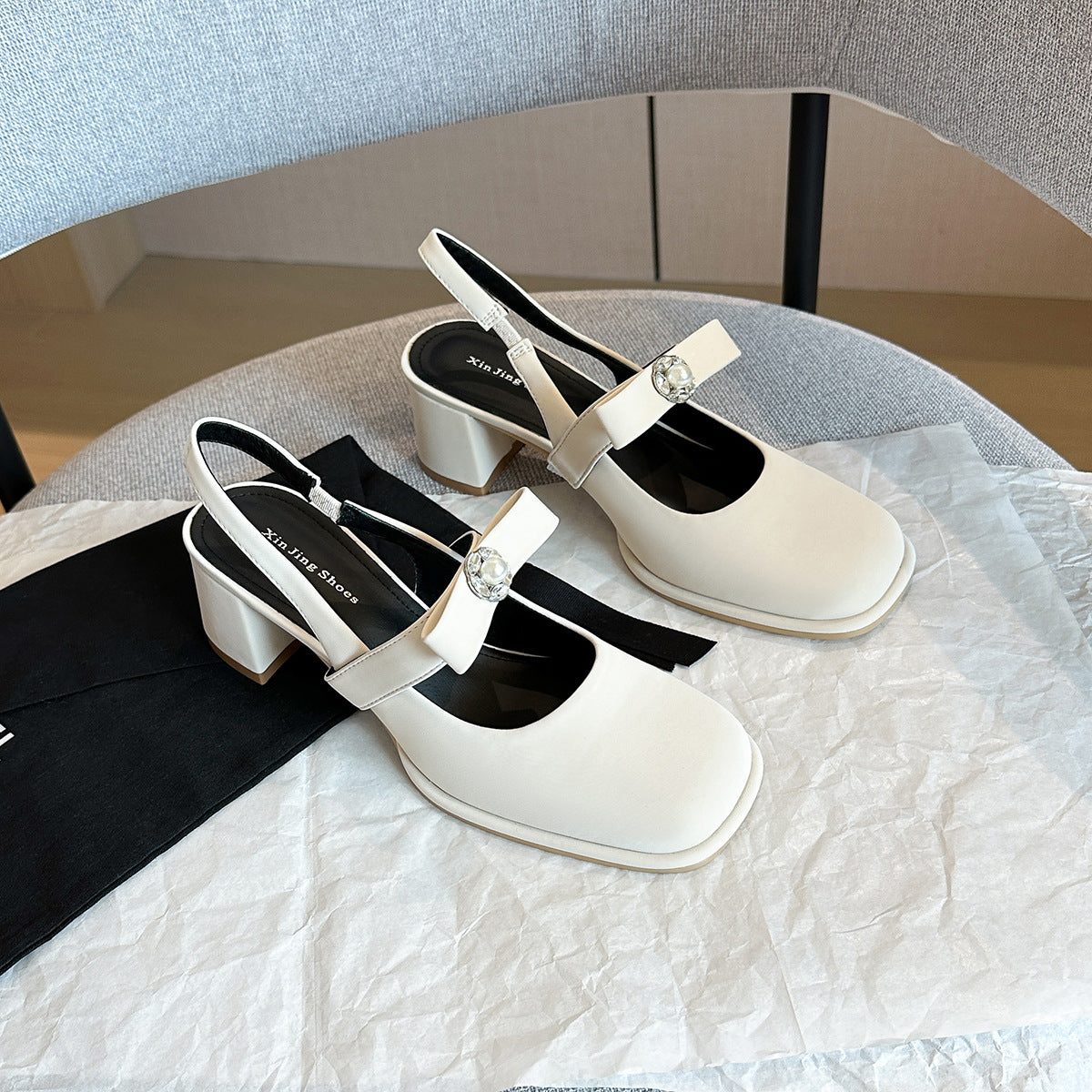 Women's Style Bowknot Square Toe Mid Back Strap Chunky Women's Fashion Shoes