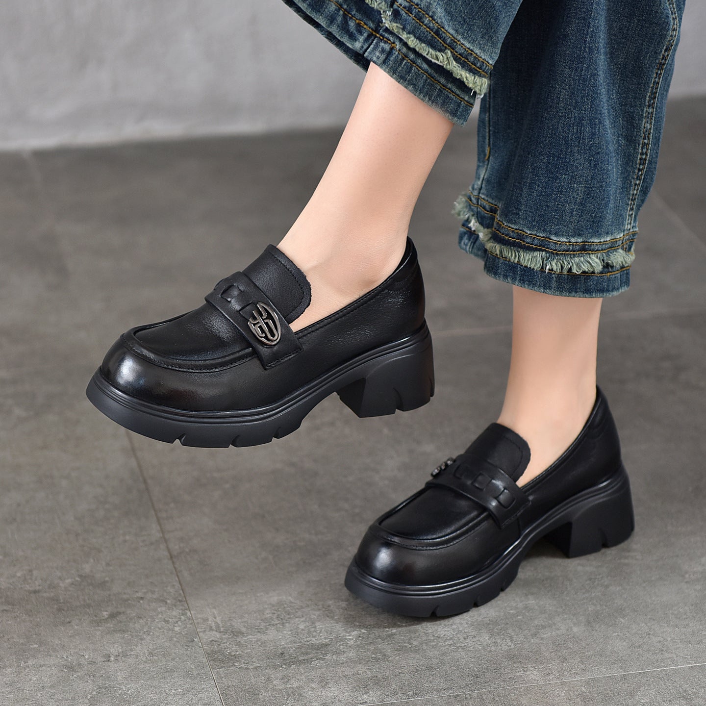 Women's First Layer Cowhide Platform Female Temperament Loafers