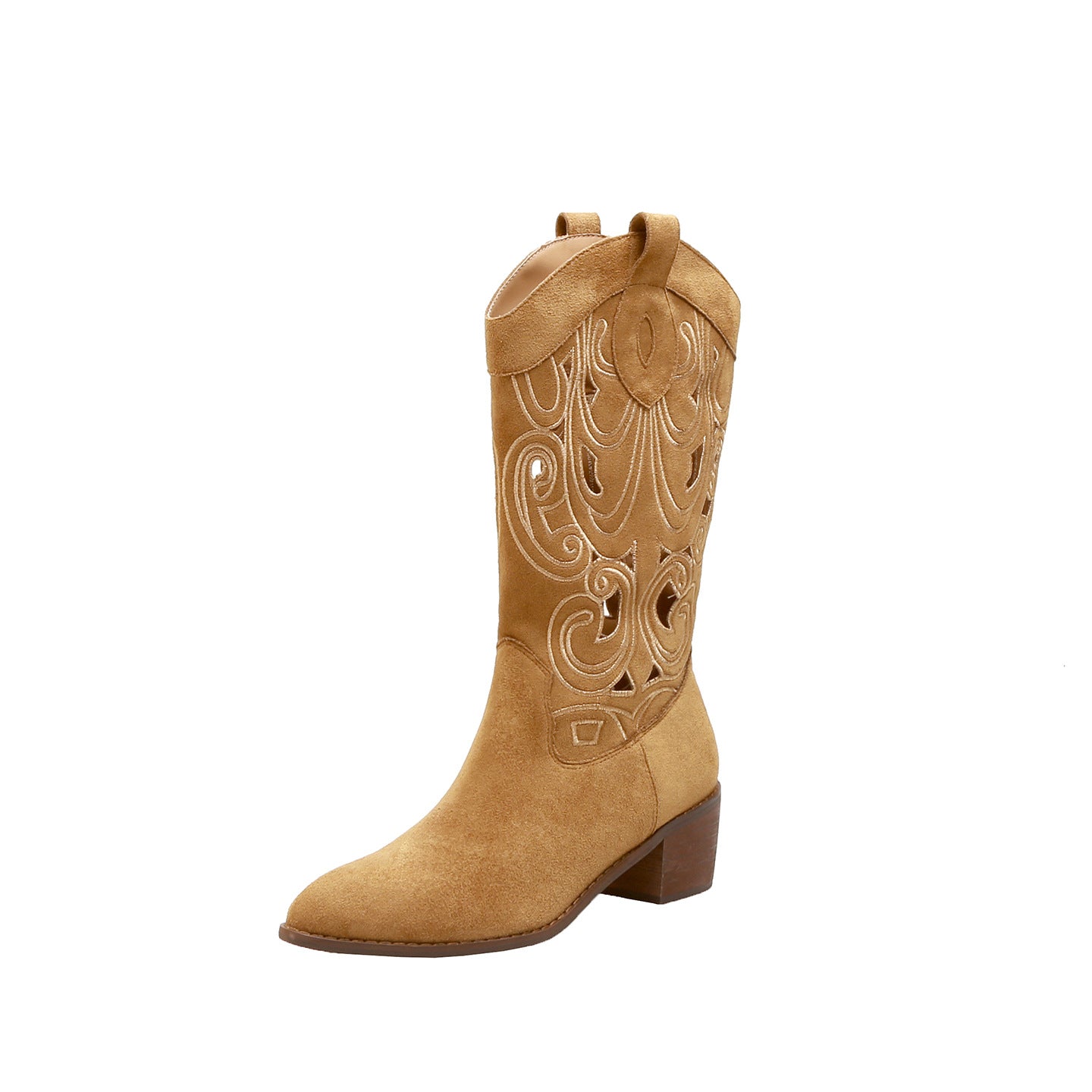 Cowhide Version Hot Hollowed Embroidery Chunky Knee-high Heels