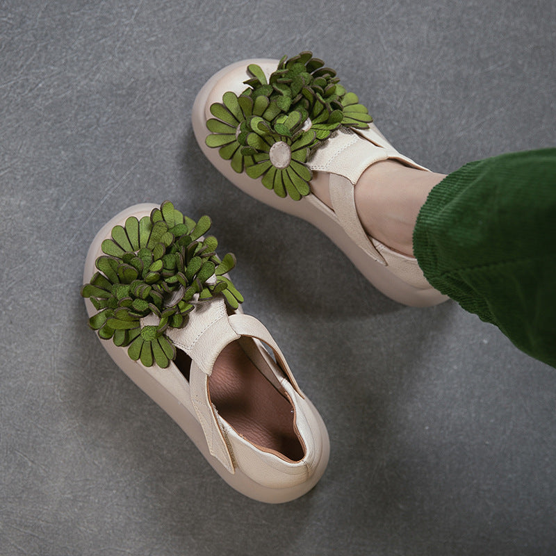 Women's Flower Ethnic Style Fashion Velcro Pumps First Layer Cowhide Women's Casual Shoes