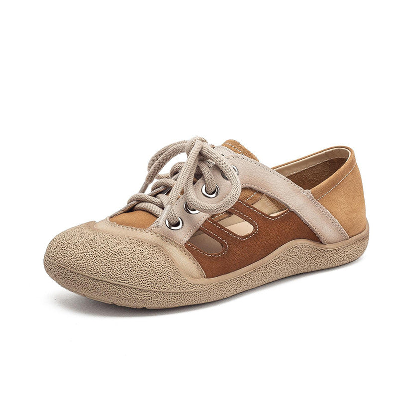 Women's Artistic Retro First Layer Cowhide Hollow Front Commuter Color Matching Women's Casual Shoes