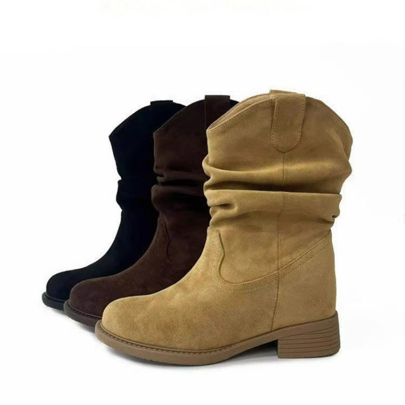 Soil Style Female Western Cowboy Middle Vintage Crumpled Women's Leather Boots