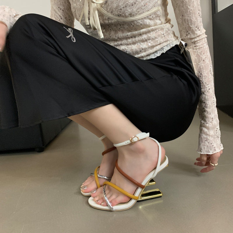 Women's Abnormal Shape Color Cross Strap Matching High Heeled Sandals