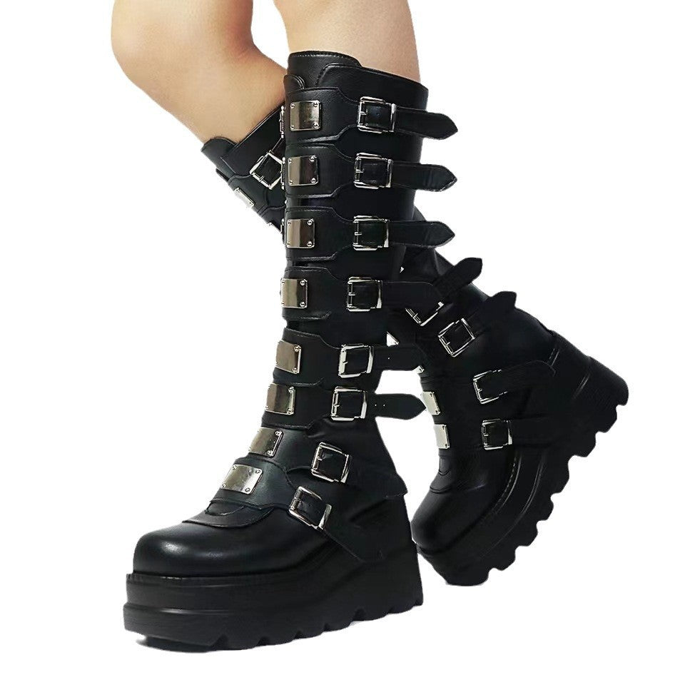 Women's Metal Buckle With Platform High Female Plus Women's Leather Boots