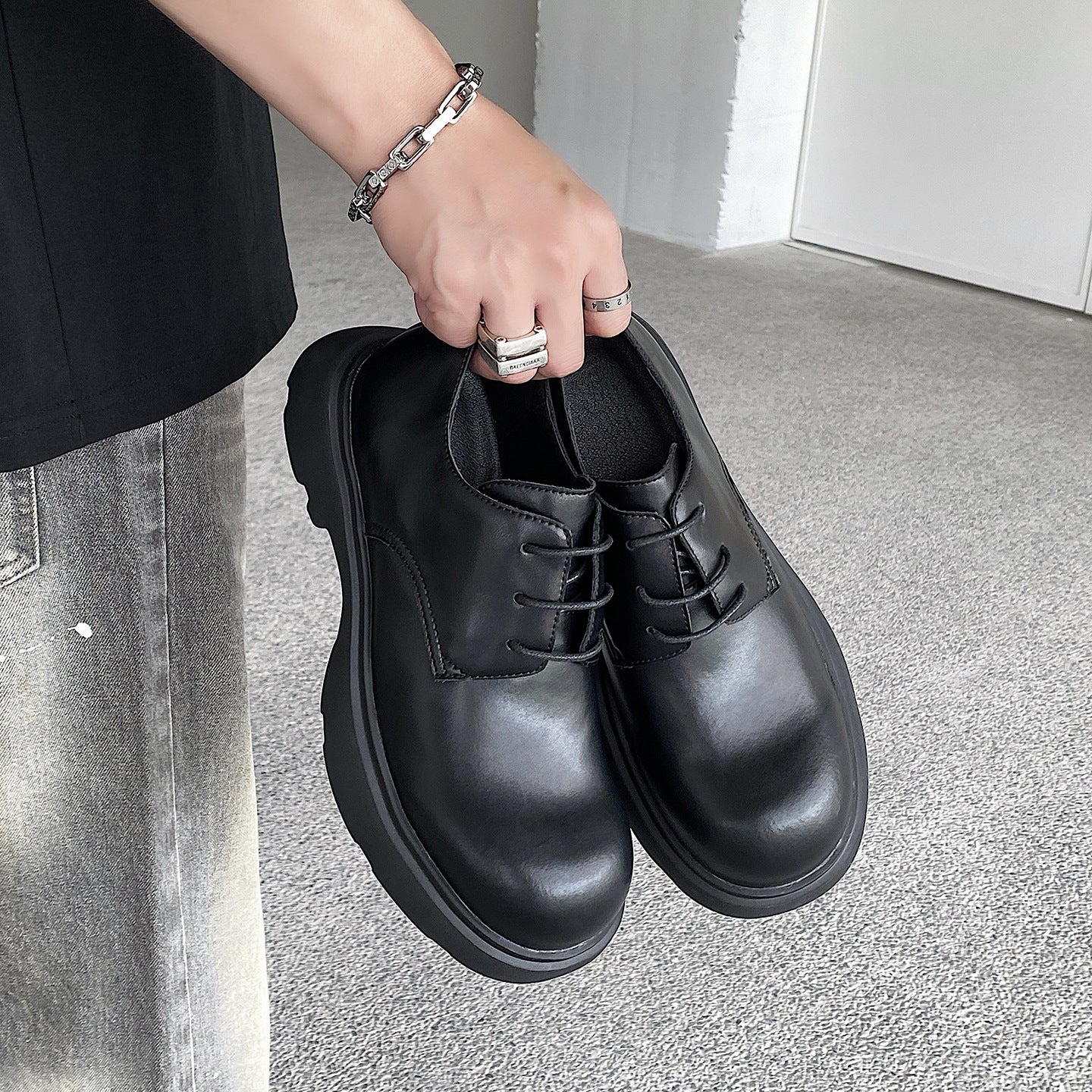 Soft Elastic Foam Bottom Mickey Derby Black Platform Height Men's Casual Leather Shoes