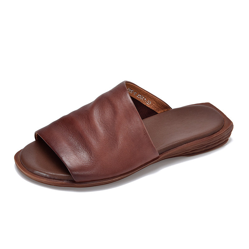 Women's Summer Outdoor First Layer Cowhide Retro Bottom Easy Flat Slippers
