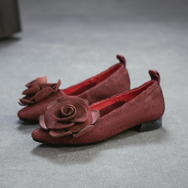 Layer Cowhide Flower Flat Pumps Slip-on Lofter Lightweight Comfortable Fashionable Women's Casual Shoes