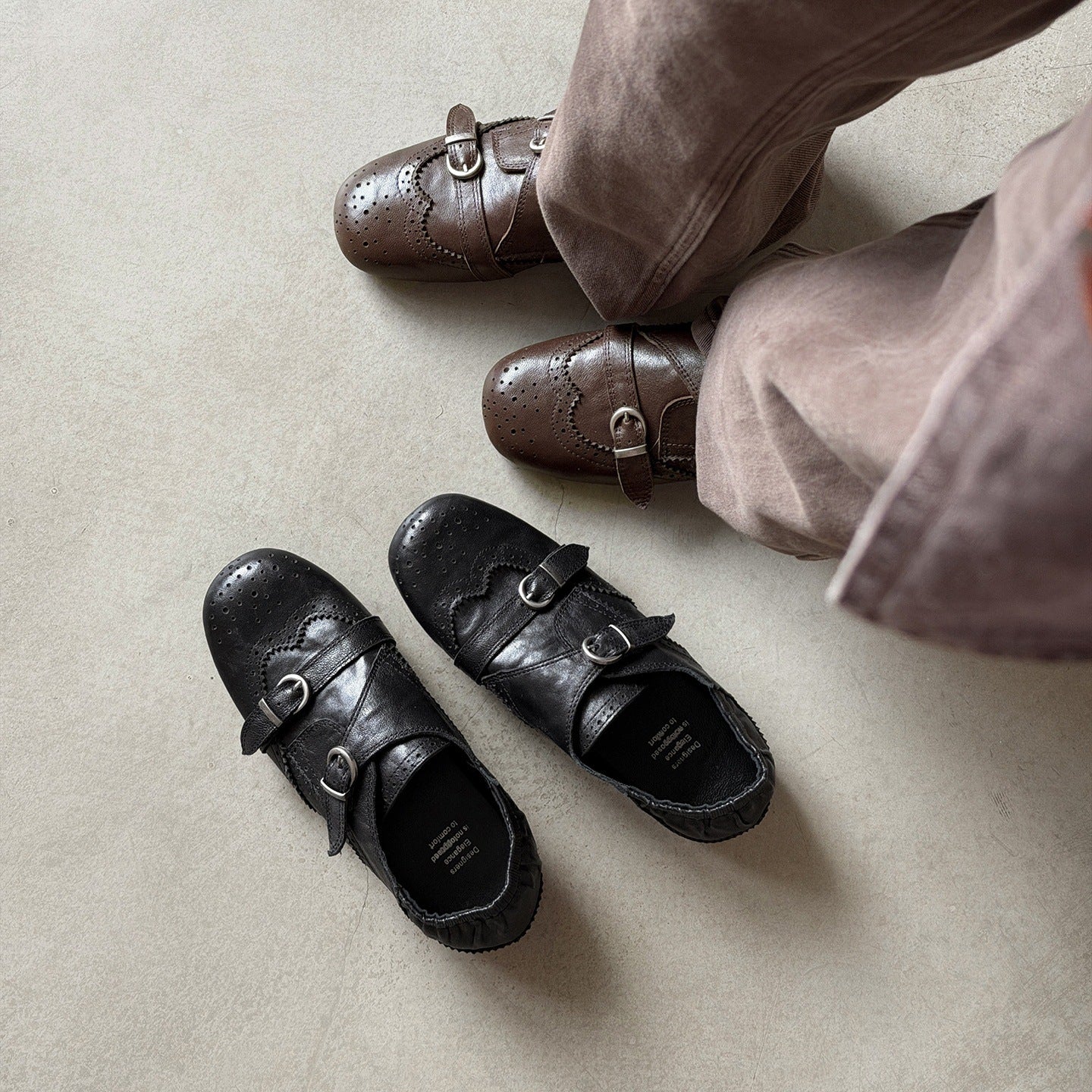 Style Brogue Double Buckle Sheepskin Female Leather Shoes